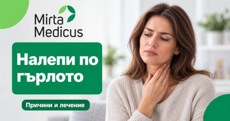 Налепи по гърлото — причини и лечение; жена с дискомфорт в гърлото